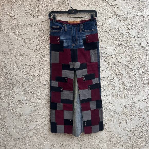 Y2k Rock & Republic Patchwork Denim Suede Maxi Skirt Size Small (26” waist) - Picture 1 of 6